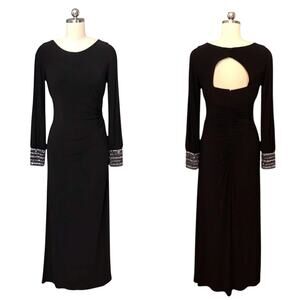 Vintage Cache Siz 2 Long Sleeve Maxi Evening Gown Black Jeweled Cocktail Evening